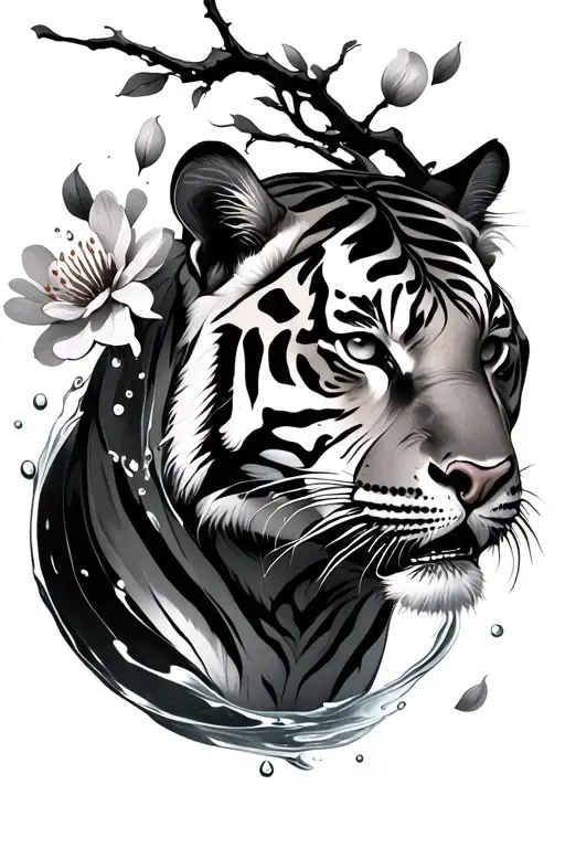 Tiger And Cherry Blossom Petals Floating In Water
