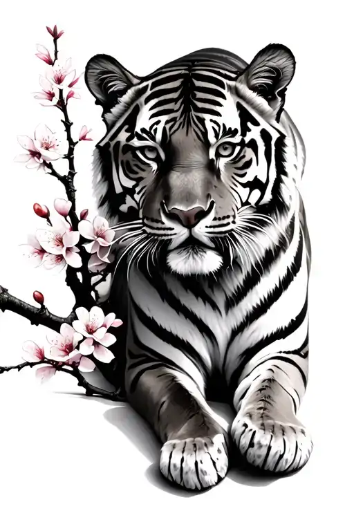 Tiger Laying In Cherry Blossom Branch