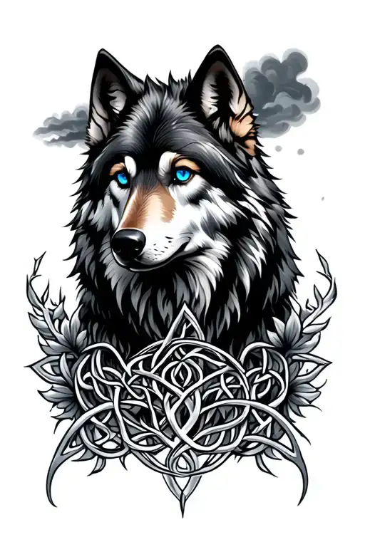 Wolf With Blue Eyes Featuring Celtic Tree Of Life Intertwined