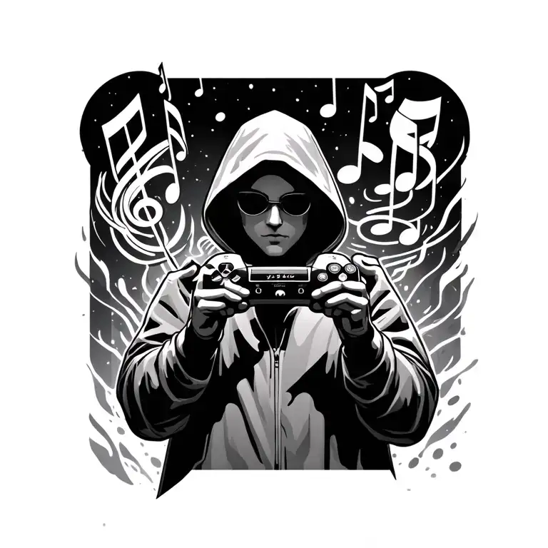 Hodded Figure Holding A Controller Surrounded By Musical
