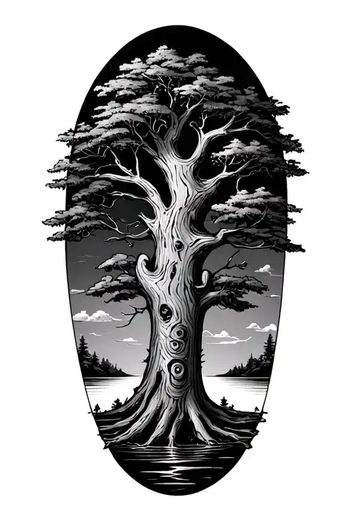 Simple Tree Of Life With Lake Superior Tree Trunk Drawn