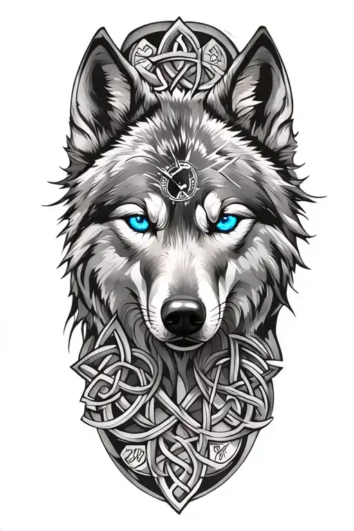 Wolf With Blue Eyes Featuring Celtic Trinity Clock