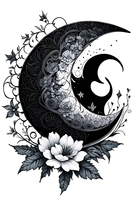 Mandala Moon And Flowers Intertwined