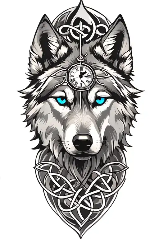 Wolf With Blue Eyes Featuring Celtic Trinity Clock Above Wolf