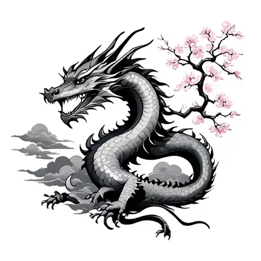 Dragon And Sakura Tree With Clouds