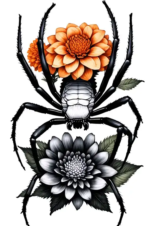 Black And White Spider With Dark Plum And Orange Dahlias