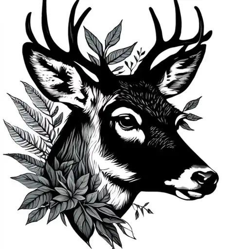 Deer Head In Face With Plants And Wood