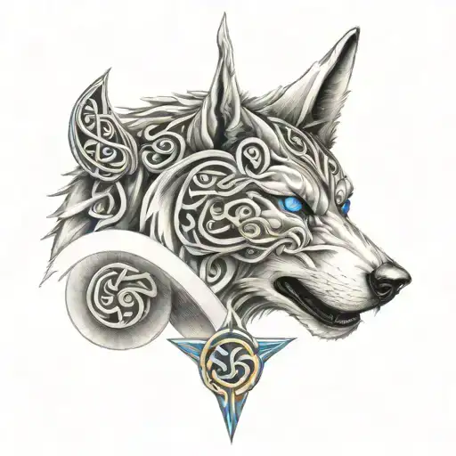Wolf With Blue Eyes On Armor Tattoo Design Featuring Celtic Trinity Knot