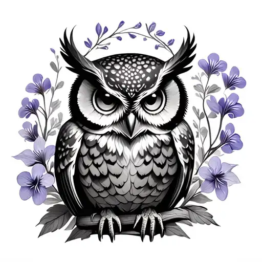 Owl With Something In The Middle Surrounded By Violets