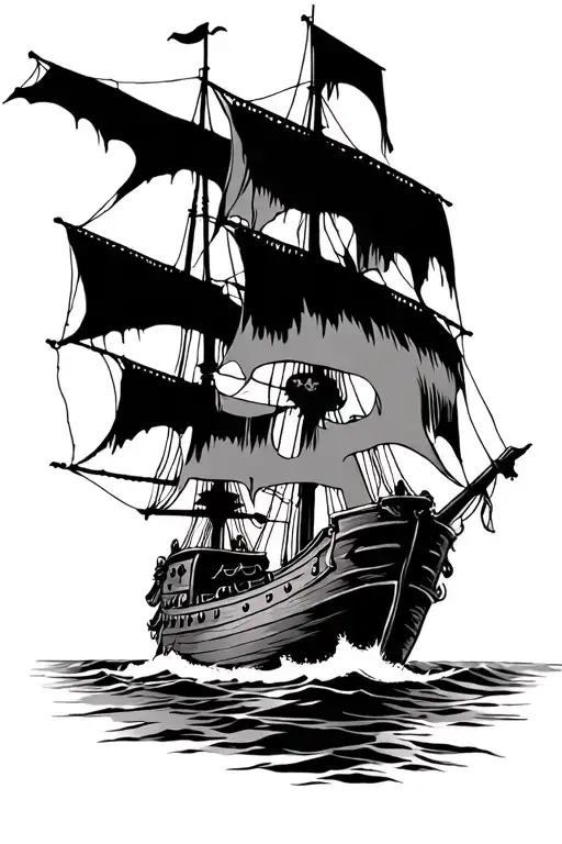 Hunted Pirate Ship Sailing With Big Tattered Sails