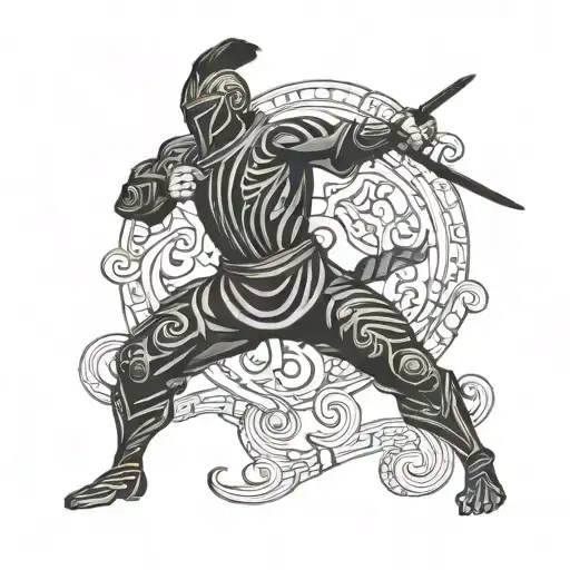 Blackwork A Warrior Silhouette Practicing Martial Arts With Intricate Patterns In The Background