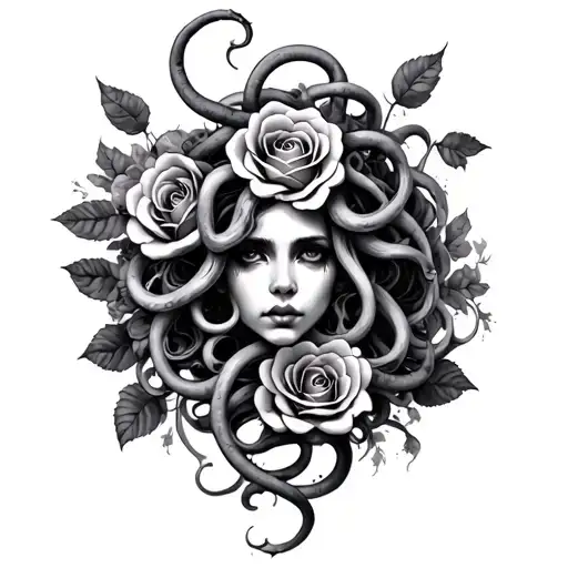 Messy Realistic Medusa With Roses Blooming