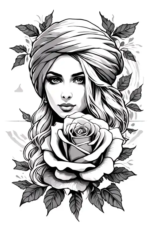 Arm Tatto Of Beautfull Blonde Woman And A Rose Sikh A Sunset