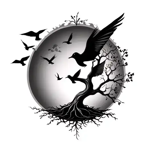 Conceptual Tattoo With Tree Of Life And Swallows Flying