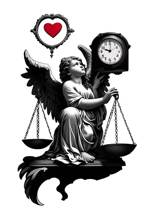 Angel Crying Holding An Scale With A Heart On It With The Other With A Time Clock