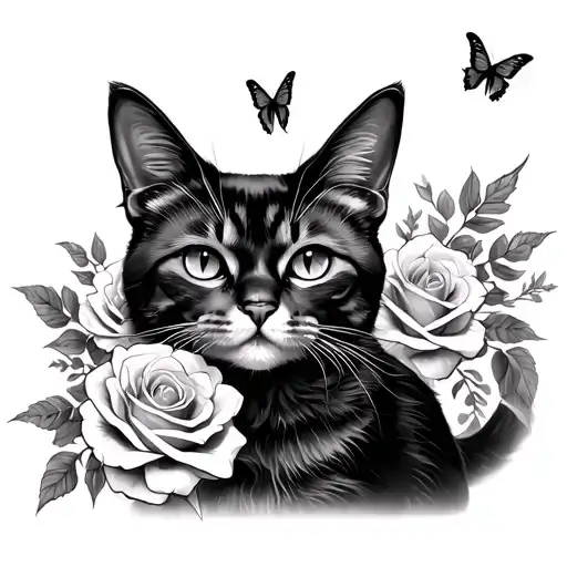 Cat And Roses With Butterfly Fly