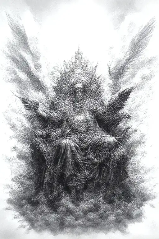 King Of Kings Sitting On Throne Of Cloud And Fire Surrounded By Flying Angels In Black