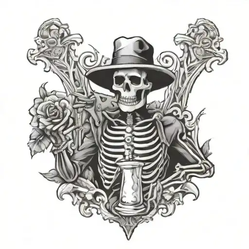 Skeleton Drinking From A Broken Hourglass In The Style Of American Gothic