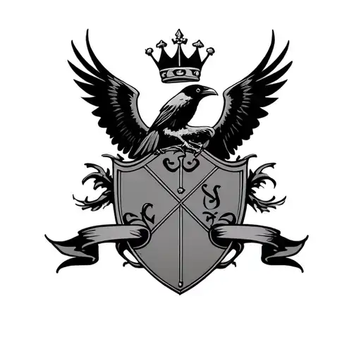 Coat Of Arms Style Shield With A Flying Crow Carrying A Crown In The Center Of The Shield