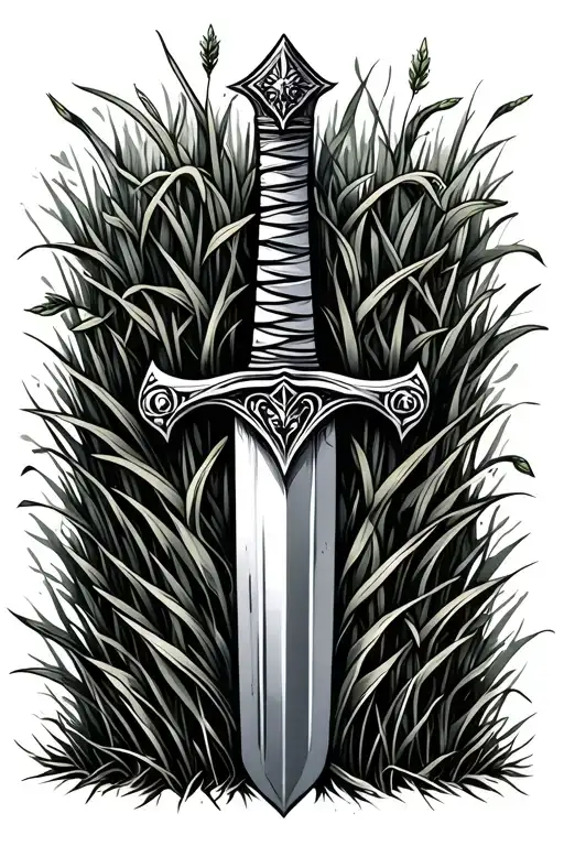 Sword With Weeds Growing Around It Sticking Out Of Grass