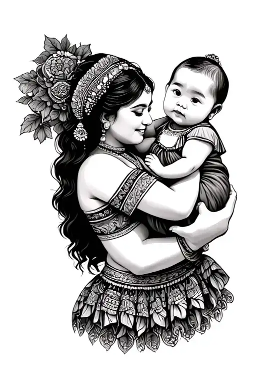 Hispanic Women Dressed In Traditional Attire Holding Bubu In Arms Like A Baby
