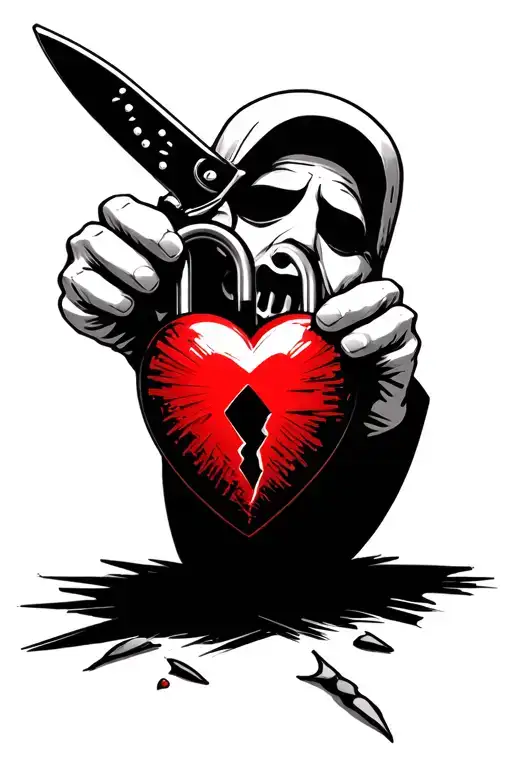 Ghostface Holding A Knife And Broken Heart Shaped Lock