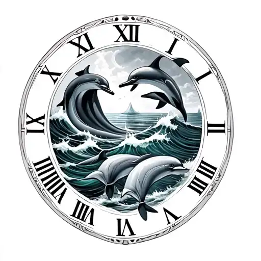 Roman Numerals With Sea Waves Underneath With Dolphins