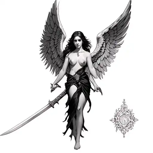 Woman Angel Wings Spread Out Holding Sword