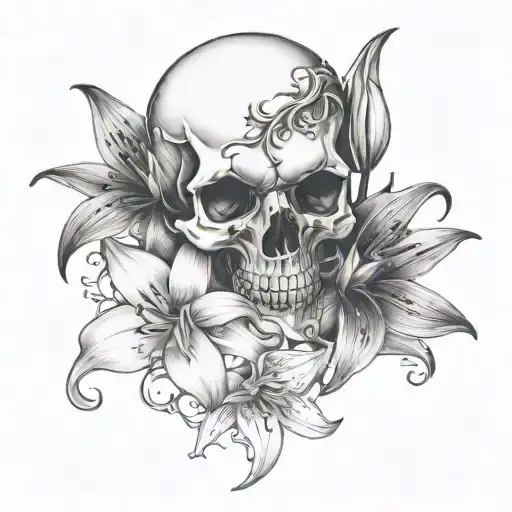 Skull Surrounded With Stargazer Lilly Tattoo Stencil