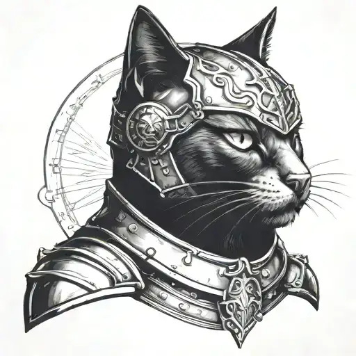 Portrait Of Dark Black Cat Head With Knight Helmet And Armor On