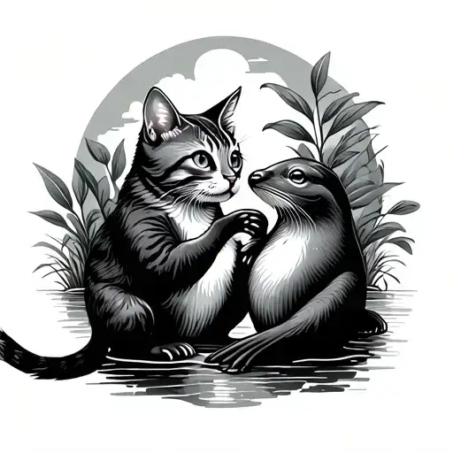 Neo Traditional Tattoo Of A Cat And A Platypus Playing Together In Nature