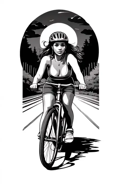 Woman On Bicycle On Road Black Grey
