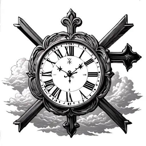 Cross With And Clock And Roman Numerals With Clouds Behind It