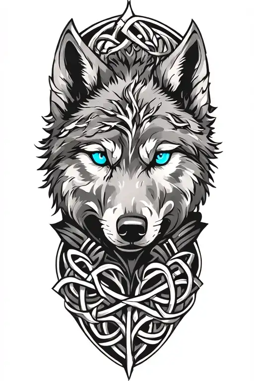 Wolf With Blue Eyes On Armor Tattoo Design Featuring Celtic Trinity Knot And Tree