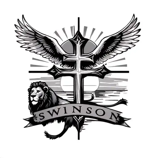 A Cross With The With The Word Swinson In It With A Sunset Background Of Doves And A Lion