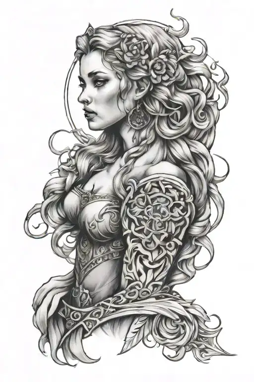 Sexy Freyja Goddess Portrait Tattoo Design Giving Gothic Vibe