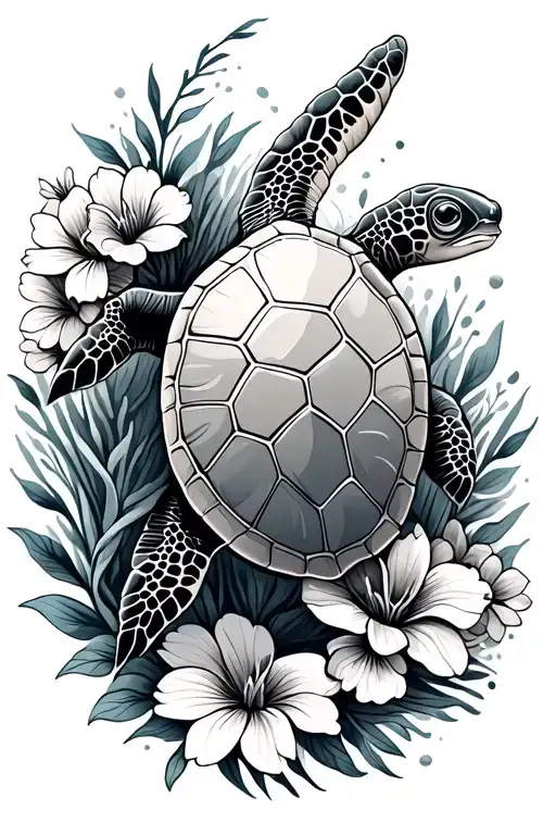 Sea Turtle Swimming With Flowers Surrounding