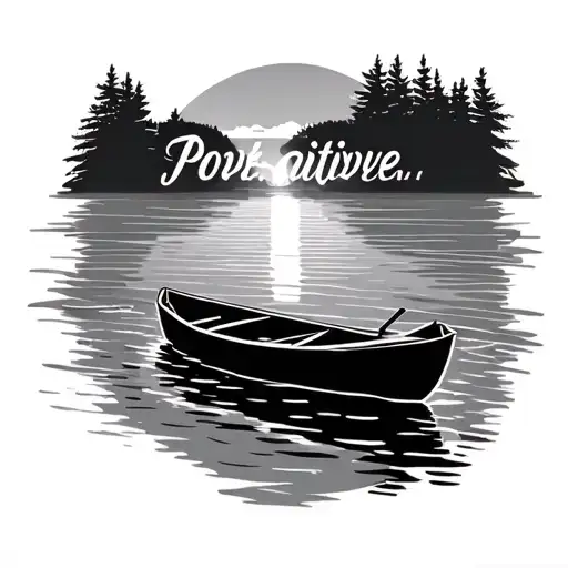 Stream Flowing With Small Row Boat Going Towards Sunset And Positive Words In Water