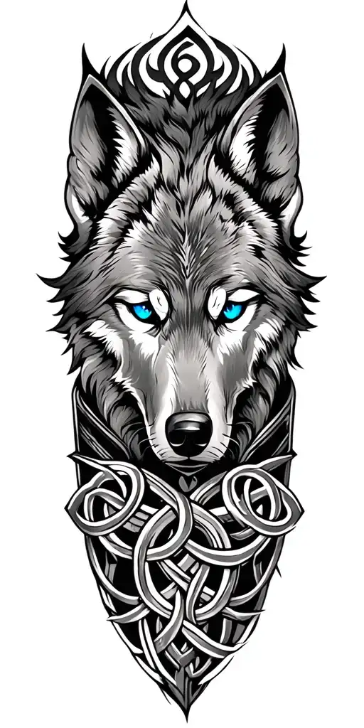 Wolf With Blue Eyes On Armor Tattoo Design Featuring Celtic Trinity Knot