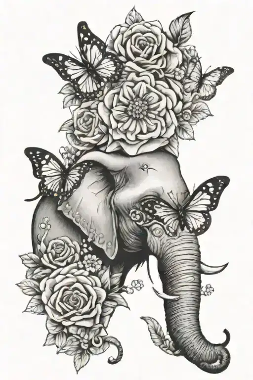 Elephant Face With Flowers And Butterflies