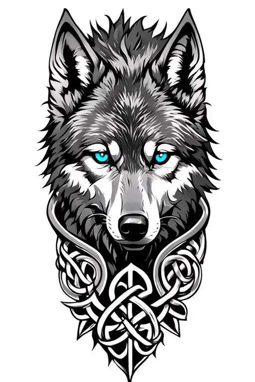 Wolf With Blue Eyes On Armor Tattoo Design Featuring Celtic Trinity Knot