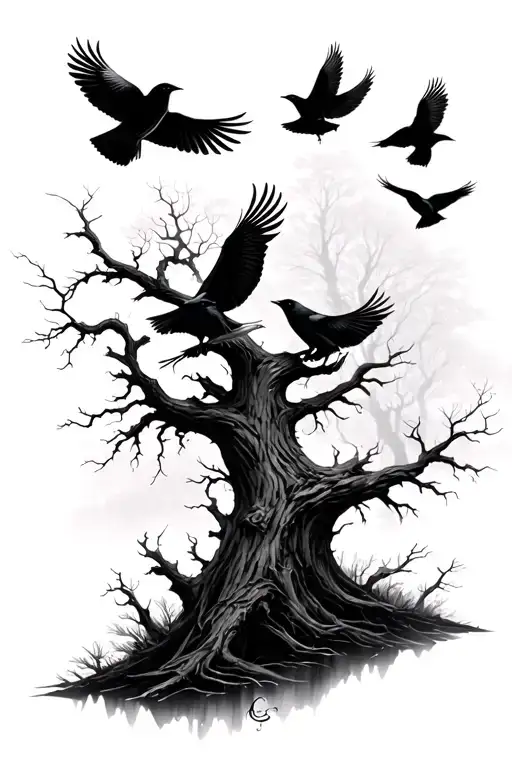 Dead Forest Withe Crows Flying