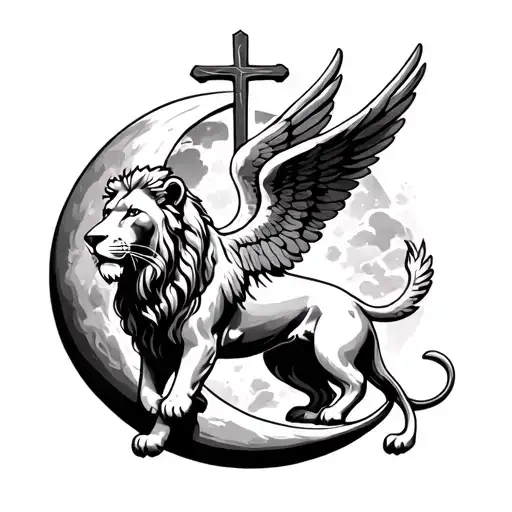 Lion With Angel Wings In A Creasant Moon With A Cross Behind It