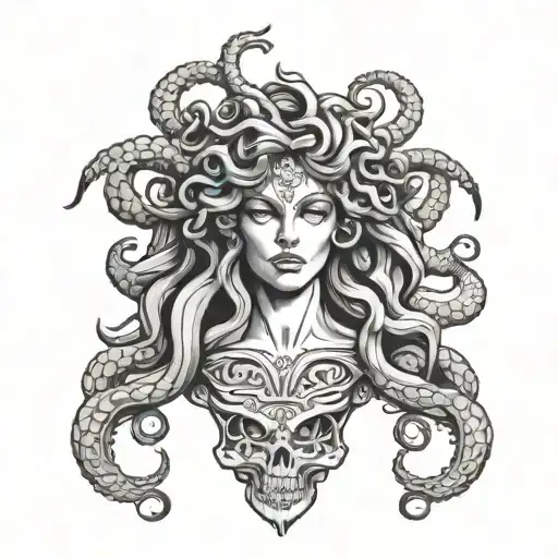 Medusa Tattoo Split In Three With Skull In The Middle