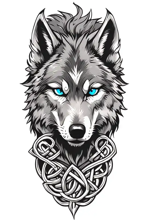 Wolf With Blue Eyes On Armor Tattoo Design Featuring Celtic Trinity Knot