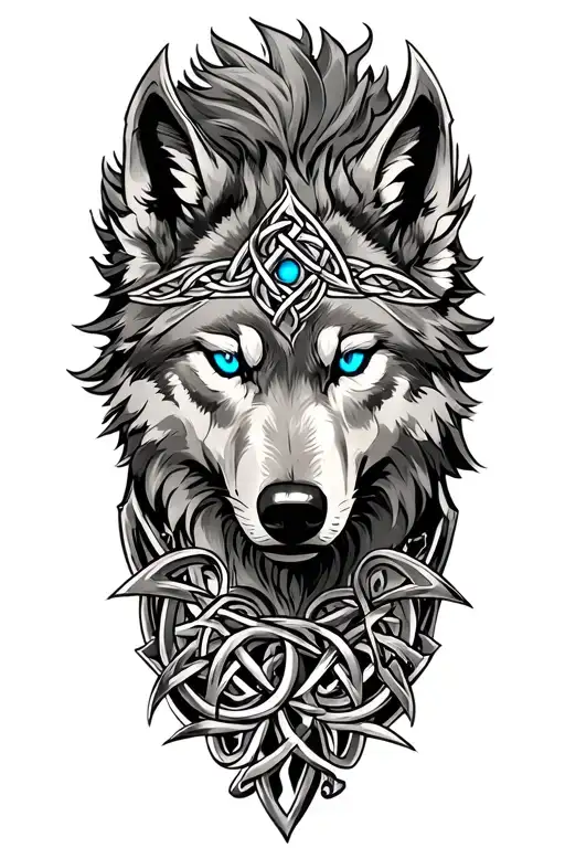 Wolf With Blue Eyes On Armor Tattoo Design Featuring Celtic Trinity Knot