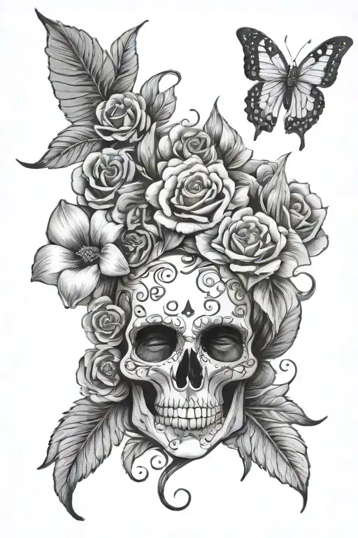 Ladyface With Flowers And Skull