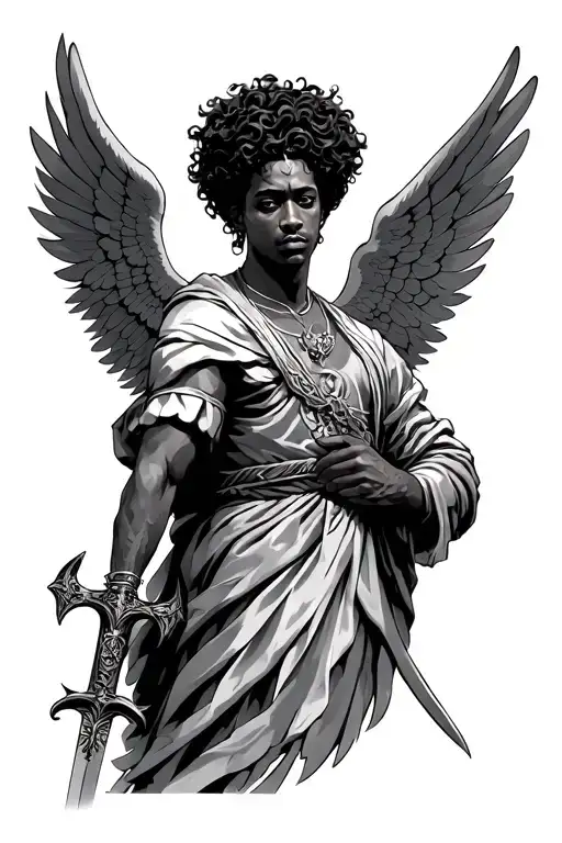 African Archangel With Sword And Curly Hair