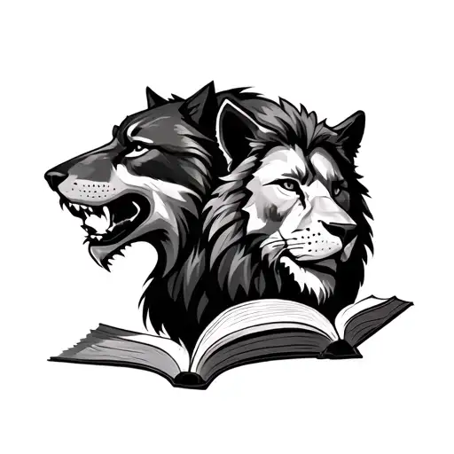 Wolf Face And Lion Head Profile Holding A Book