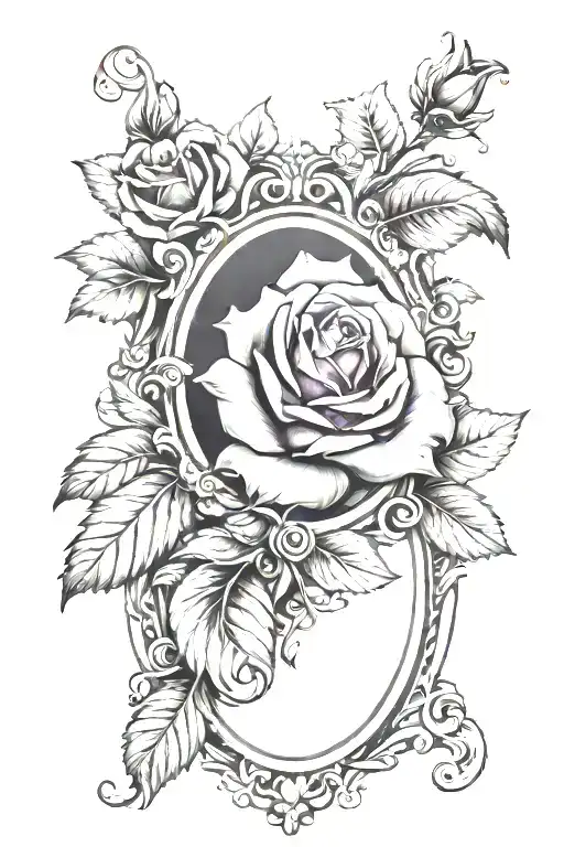 Ornate Oval Baroque Frame With A Realistic Purple Rose Coming Out From The Frame